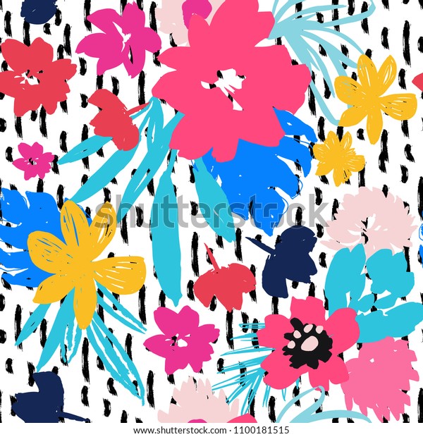 Bright Pop Art Print with Brush Strokes Background . Seamless Pattern with Flowers and Leaves .Texture for Wallpapers, Web Page , Surface Textures , Wrap Paper ,Textiles, Cover, Magazine .