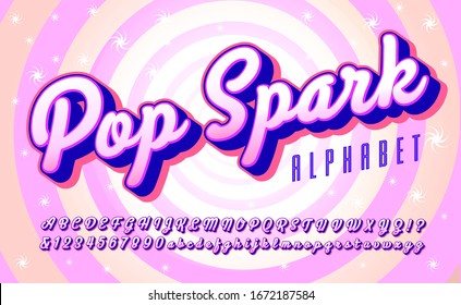 A Bright Pop Art Styled Bold Script. This Alphabet Uses Bright Pinks And Purples To Create A Retro And Fun Vibe. Pop Spark Is A Rounded Cursive Style Font With A Bright Spiral Background.