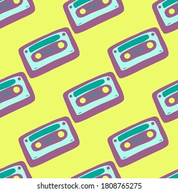 Bright pop seamless cassette pattern. Disco print with purple and blue colored ornament on yellow background. Great for wallpaper, textile, wrapping paper, fabric print. Vector illustration.