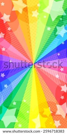 Bright and pop vertical radiant background in rainbow colors with stars popping out