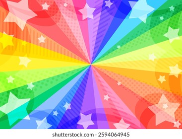 Bright and pop wide radiant background in rainbow colors with stars popping out