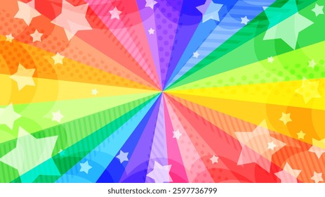 Bright and pop wide radiant background in rainbow colors with stars popping out