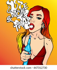 Bright pop-art style attractive sexy cover red head girl with hookah, smoking shisha with smoke, pop art retro hipster fashion advertising Smoke that wow poster, smile, bright hair, art