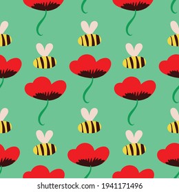 bright poppies and bees seamless vector pattern