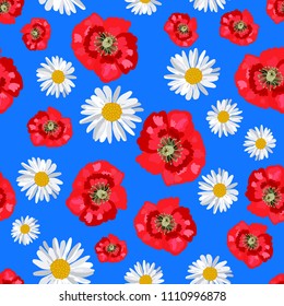Bright poppies and daisies on a green background. Pattern seamless vector in rustic Russian style, for textiles, fabric, background, Wallpaper, wrapping paper, postcards, greetings.