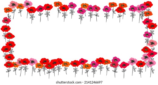 
Bright poppies rectangular frame. Red poppy flower international symbol of peace on white background. Great for design posters, banner, header for website, card. Vector illustration