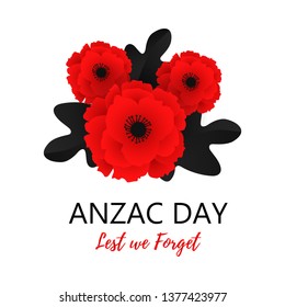 A bright poppy flower. Remembrance day symbol. Lest we forget lettering. Anzac day lettering. Vector Illustration