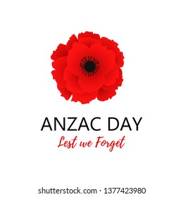 A bright poppy flower. Remembrance day symbol. Lest we forget lettering. Anzac day lettering. Vector Illustration