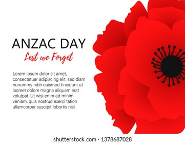 A bright poppy flower. Remembrance day symbol. Lest we forget lettering. Anzac day lettering. Vector Illustration