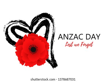 A bright poppy flower. Remembrance day symbol. Lest we forget lettering. Anzac day poster with hand draw heart. Vector Illustration