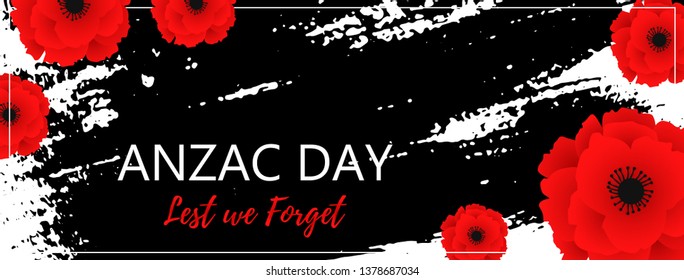 A bright poppy flower. Remembrance day symbol. Lest we forget lettering. Anzac day poster with hand draw ink. Web poster. Banner