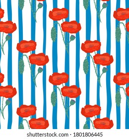 Bright poppy flower silhouettes seamless pattern. Floral ornament in red color on background with blue and white strips. Great for wallpaper, textile, wrapping paper, fabric print. Vector illustration