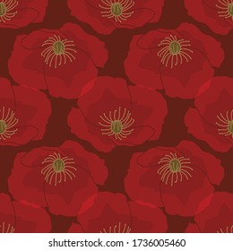 Bright poppy flowers seamless pattern design on Bordeaux backround