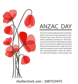 Bright poppy flowers vector illustration. Remembrance day symbol. Anzac day poster with place for text.