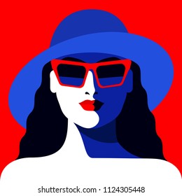 Bright portrait of abstract young girl with long black hair, wearing hat and sunglasses. Vector illustration