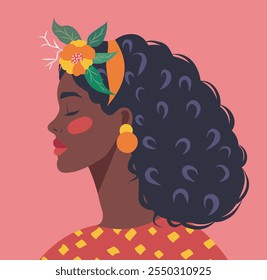 Bright portrait black afro woman with flowers in hair. Women's day. Trendy flat flat illustration portrait avatar for social networks and website. Vector portrait trendy color palette