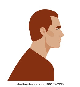 Bright portrait of man: face and shoulder. Beautiful male profile face, side view. Flat style vector avatar.