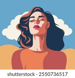 Bright portrait retro vintage style woman looking at the sky. Women's day. Trendy flat flat illustration portrait avatar for social networks and website. Vector portrait trendy color palette
