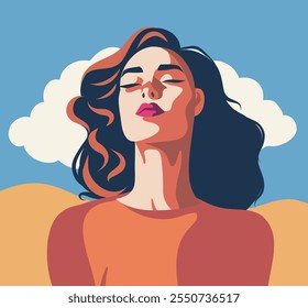 Mujer de estilo retro vintage retrato brillante que mira el cielo. Día de la mujer. Avatar de moda de retrato de ilustración plana plana para redes sociales y Sitio web. Paleta de colores de moda de retrato de Vector