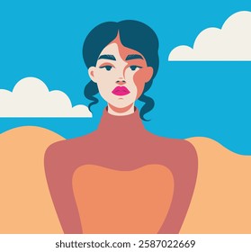 Bright portrait of a woman against the sky. Retro vintage style. Women's day. Fashionable flat portrait-avatar for social networks and a website. Vector portrait, color palette