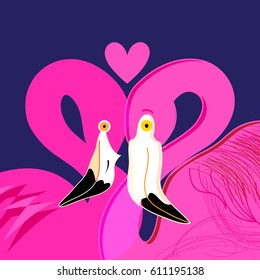 Bright portraits of pink lovers of flamingos on a blue background