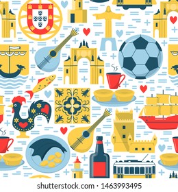 Bright Portugal seamless pattern with icons in flat style. Traditional symbols of national culture, cuisine and attractions. Repeatable vector background.