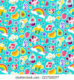 Bright positive cartoon seamless pattern vector. Banana and watermelon, strawberry and avocado natural vitamin food, music note and flower, rainbow and present gift box flat illustration