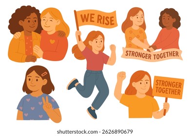 Bright and positive illustrations of girls showing support, unity, and action. Ideal for activism designs, posters, educational projects, and female empowerment themes.