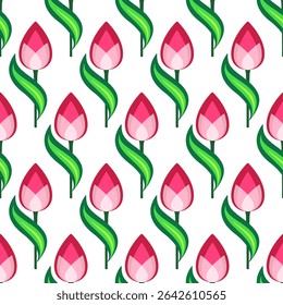 Bright positive ornament of tulips. Spring floral seamless pattern. Cute decor of red pink flowers. Floral pattern of curved leaves and flowers on white background