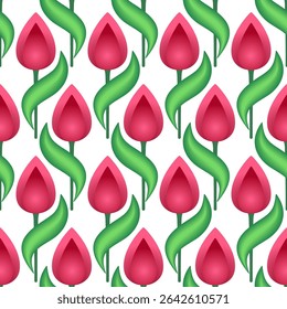 Bright positive ornament of tulips. Spring floral seamless pattern. Cute decor of red pink flowers on white background. Floral pattern of curved leaves and flowers. Clear spring colors