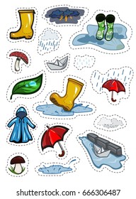 Bright positive plain stickers rain topic set of  items as rubber boots, umbrella, mushrooms, clouds