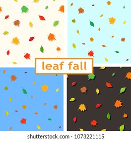 Bright positive seamless patterns with leaf fall. Set is suitable for textiles, wraps, typography and children's design