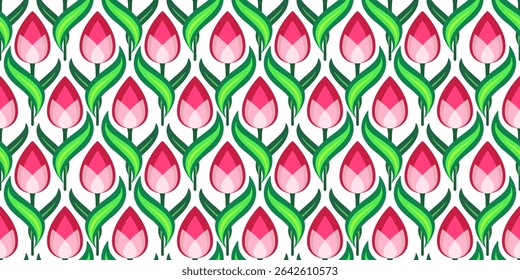 Bright positive tulip field. Spring floral seamless pattern. Cute decor of red pink flowers on white background. Floral pattern of curved leaves and flowers. Clear spring colors