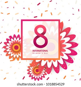 Bright postcard with 8  number, color flowers in style paper cut. Trendy Design Template.  