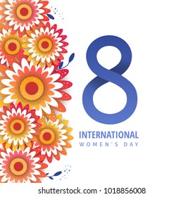 Bright postcard with 8  number, color flowers in style paper cut. Trendy Design Template.  