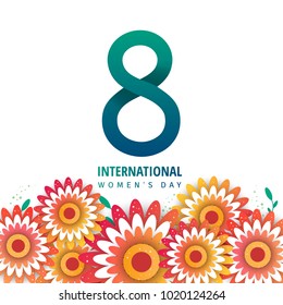 Bright postcard with 8 number, color flowers in style paper cut. Trendy Design Template.  