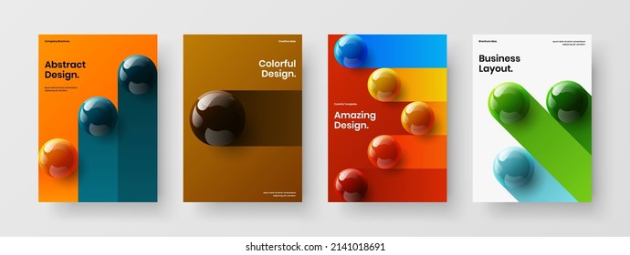Bright postcard A4 design vector concept bundle. Premium 3D spheres booklet template collection.