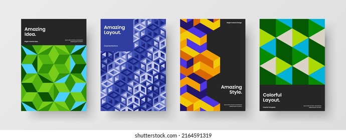 Bright postcard A4 design vector concept collection. Original mosaic shapes booklet template set.