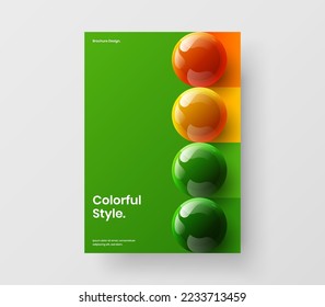 Bright postcard A4 design vector concept. Vivid realistic spheres booklet layout.