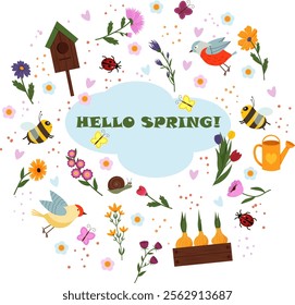 A bright postcard with attributes of spring. Birds and flowers, a birdhouse, flower bulbs in a box. Bees and ladybugs. Vector illustration