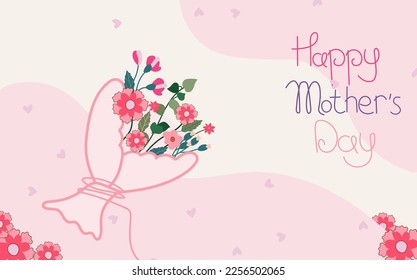 A bright postcard with a bouquet of spring flowers on a pink background. Mother's Day greeting card. Bright illustrations are suitable for banners, posters, cards. Vector graphics. 