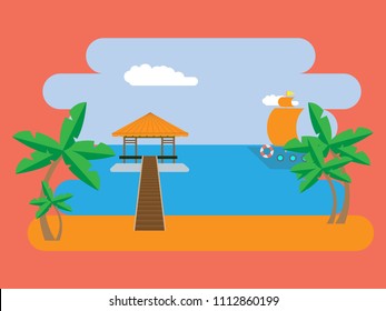 Bright postcard with a bungalow on the edge of the sea, the ocean, on the beach with sand and palm trees