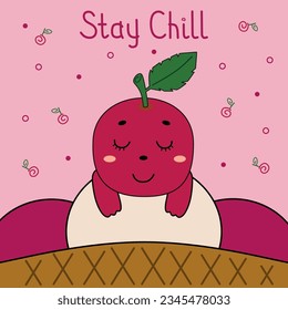 Bright postcard with cute cherry on ice cream and elements on a pink background