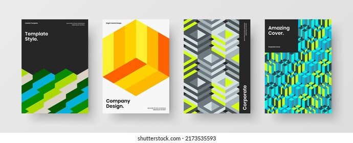 Bright postcard design vector layout set. Amazing geometric tiles poster template bundle.