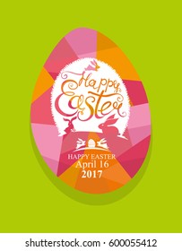 Bright postcard with Easter egg and greeting label. April 16, 2017. 