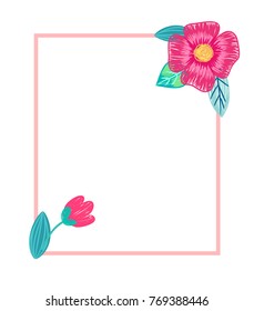 Bright postcard with flowers on white background. Vector illustration with pencil drawn pink buds and green branches on thin square frame for text
