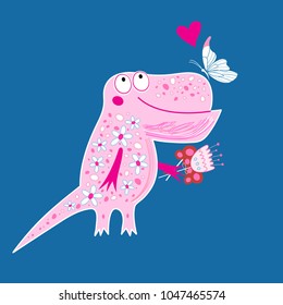 Bright postcard with a funny enamored dinosaur and butterfly on a blue background