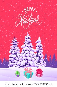 Helle Postkarte Happy New Year in Cartoon Stil für Druck und Design. Vektorgrafik.