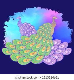 bright postcard with the image of two peacocks on the background 