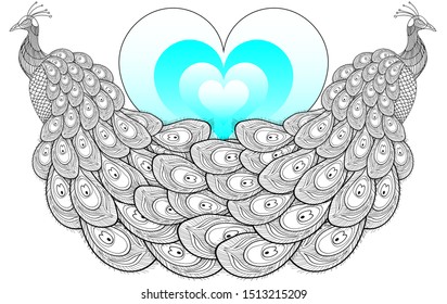 bright postcard with the image of two peacocks on the background of a heart	